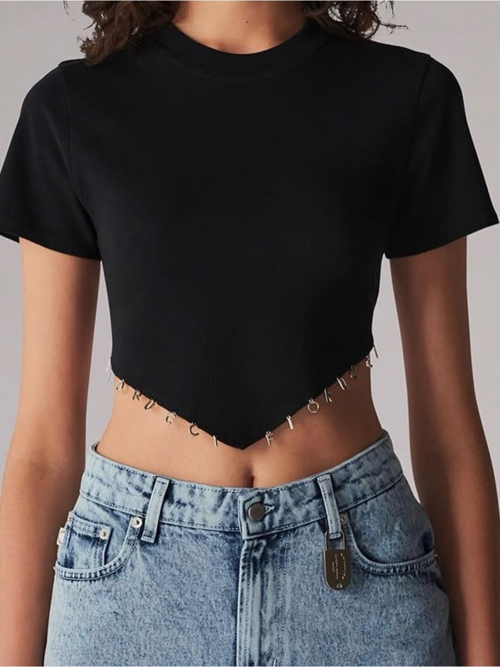 Fiorucci Black Cropped Charm Bandana Tee with Metal Ring “FIORUCCI” Accents